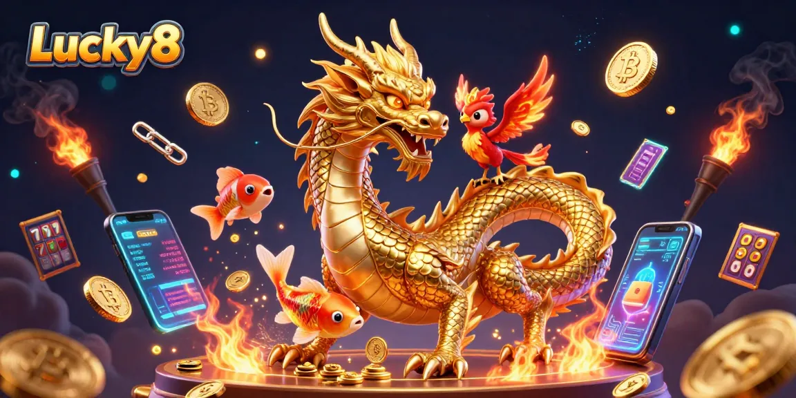 Engage in thrilling gaming adventures with Lucky8, featuring a golden dragon, phoenix, and leaping koi.