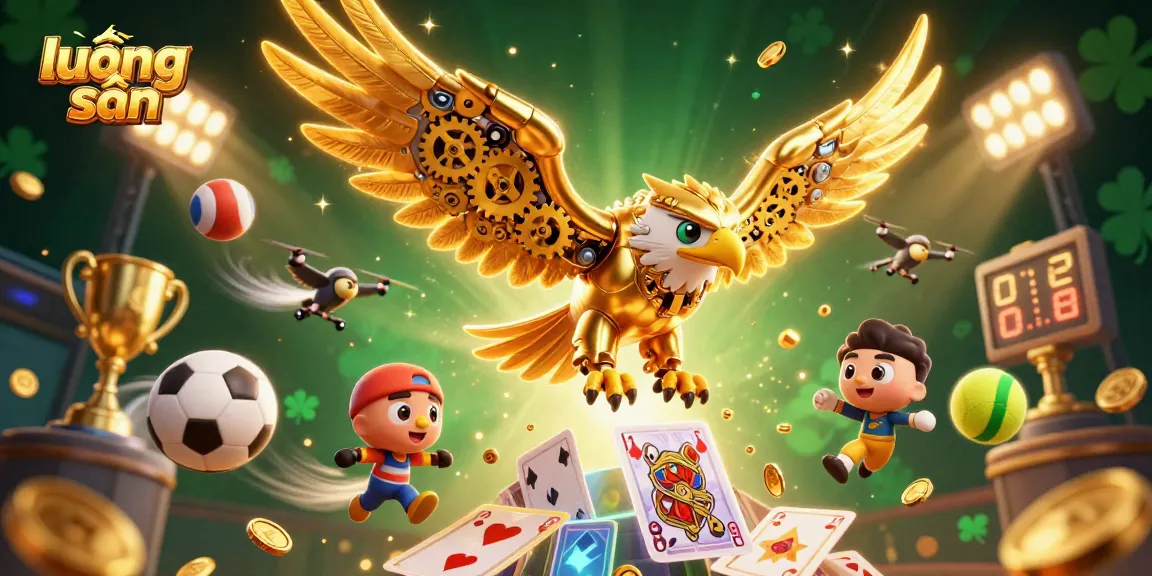 Lương sơn casino illustration showcasing a golden cybernetic eagle and flying sports elements representing sports betting excitement.