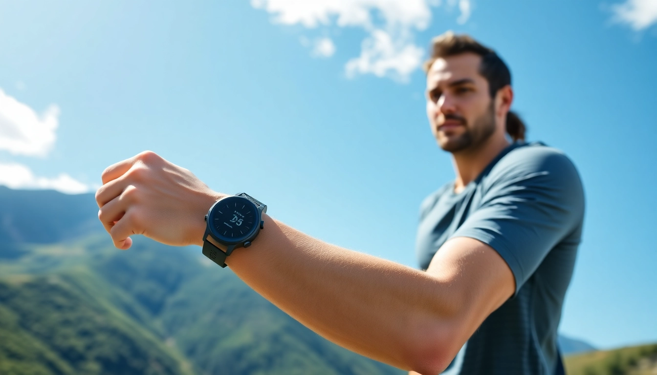 Engaging athlete sporting a Coros smartwatch amidst nature, showcasing fitness and active lifestyle.