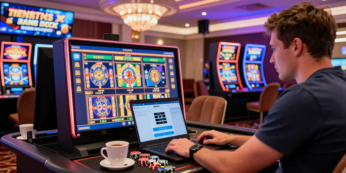 Excited player enjoying various credit card casinos UK on a laptop, surrounded by casino ambiance and game promotions.