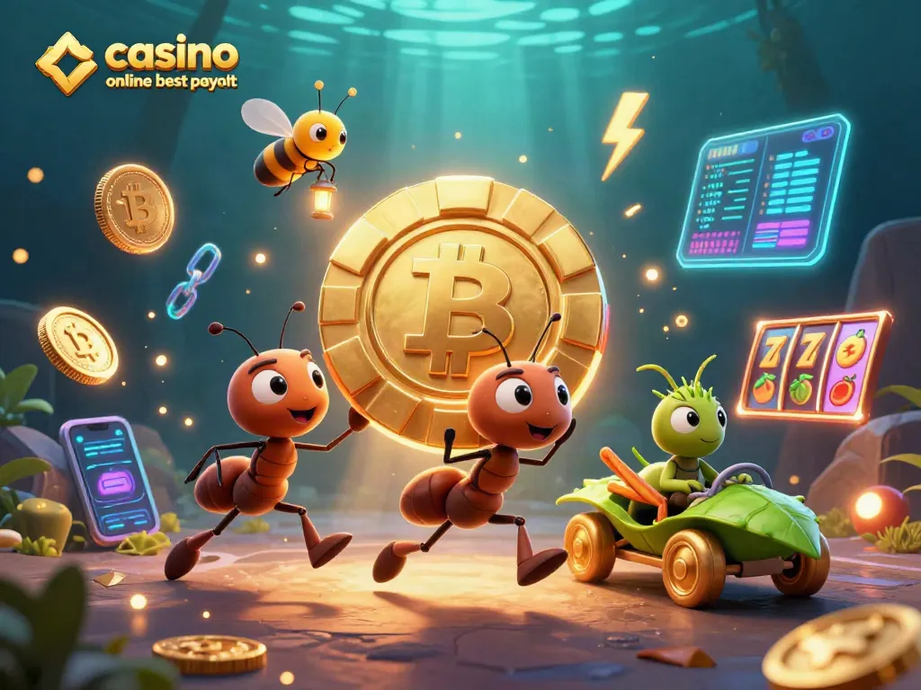 Engage with casino online best payout by following the ant heist for a golden poker chip amidst vibrant gaming elements.