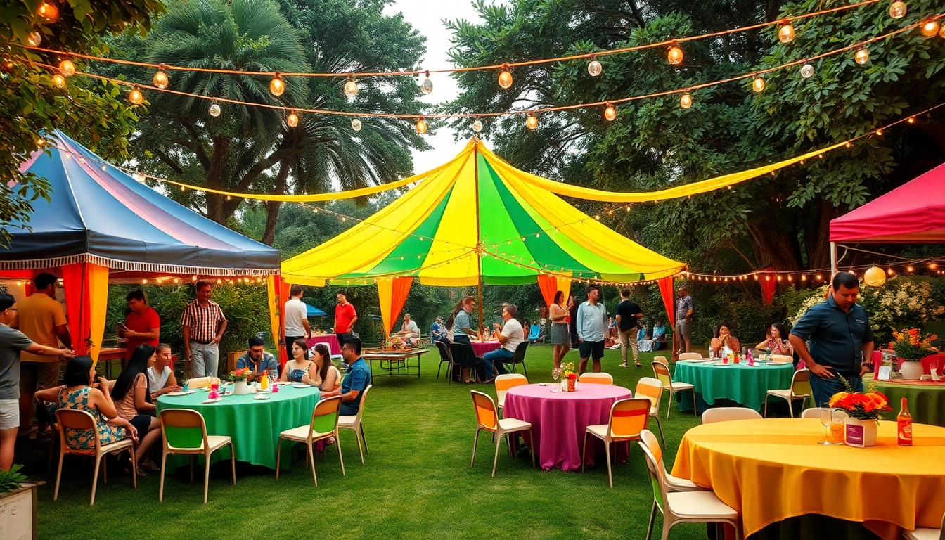 Showcasing Outdoor Party Rentals in a vibrant garden setup with colorful decorations and seating.