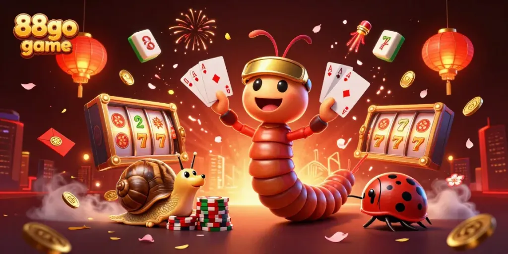 Experience the excitement of the 88go game with a cartoon millipede dealer and dynamic slot reels.