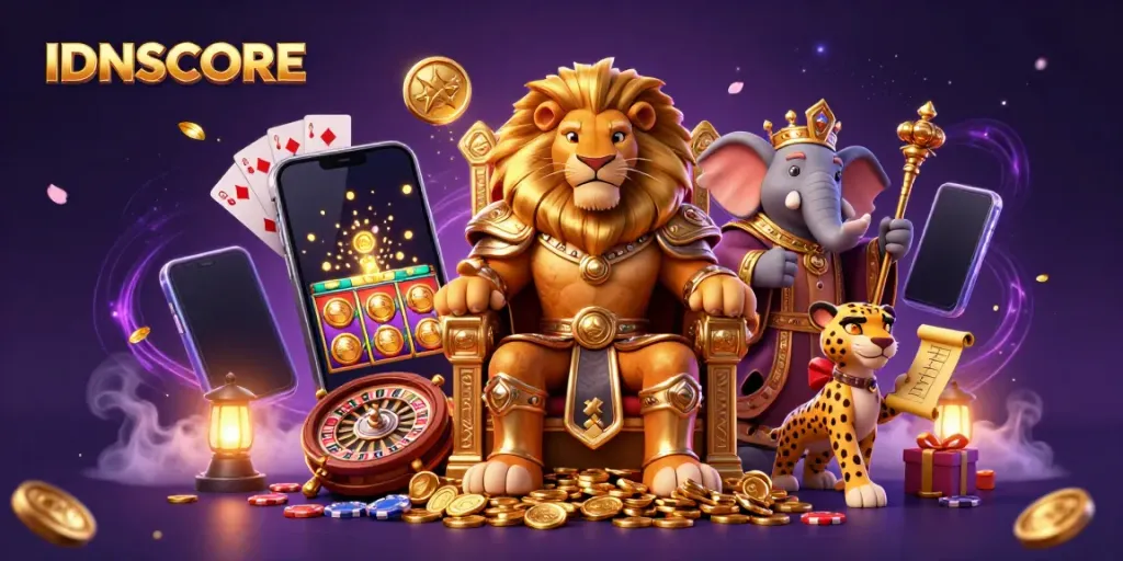 IDNSCORE showcases a vibrant scene with a lion king, an elephant advisor, and a cheetah messenger, highlighting gambling themes.