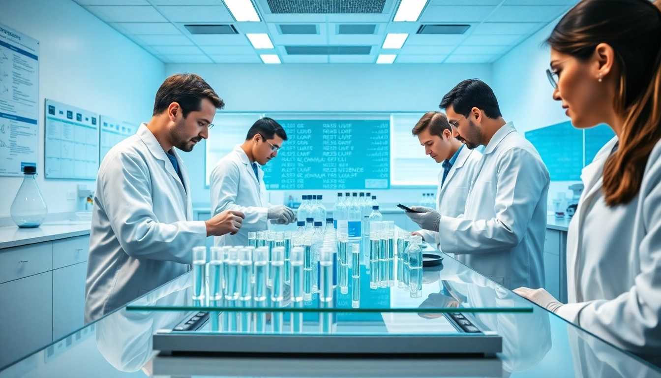 Peptides research in a modern lab environment with scientists analyzing samples.
