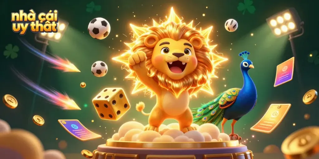 Engage with the vibrant 3D scene showcasing nhà cái uy tín elements including golden dice and dynamic sports balls.
