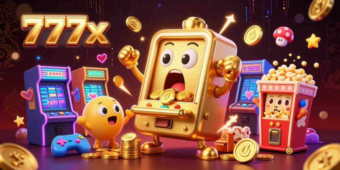 Experience thrilling action with 777x as a golden slot machine hits a jackpot surrounded by cheering baby slots.
