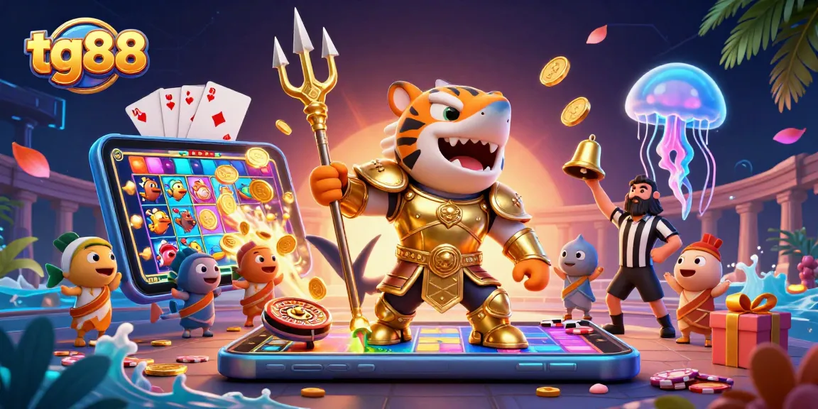 Experience thrilling gaming with tg88 featuring a tiger shark gladiator amidst vibrant casino elements.