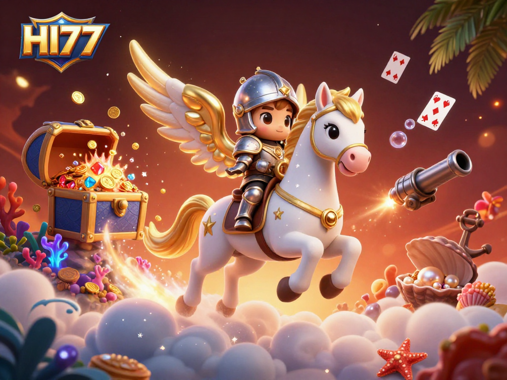 Experience the thrill of HI77 with a 3D illustration of a knight on a celestial horse, surrounded by treasures and casino elements.