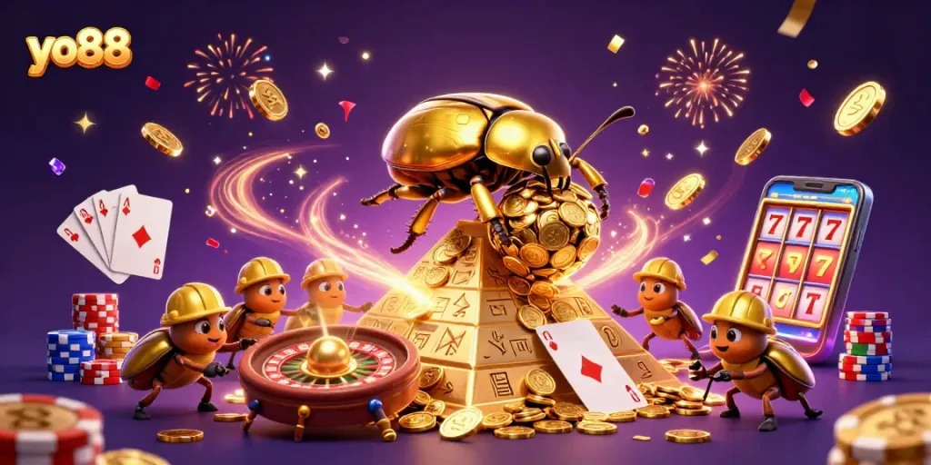 Join the excitement at yo88 with a golden beetle rolling coins at a casino-themed pyramid.