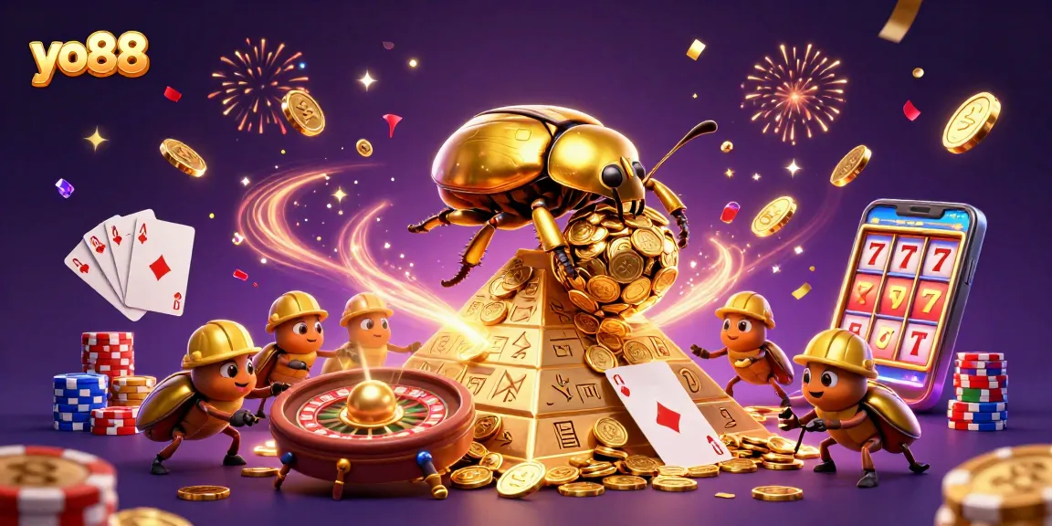 Join the excitement at yo88 with a golden beetle rolling coins at a casino-themed pyramid.