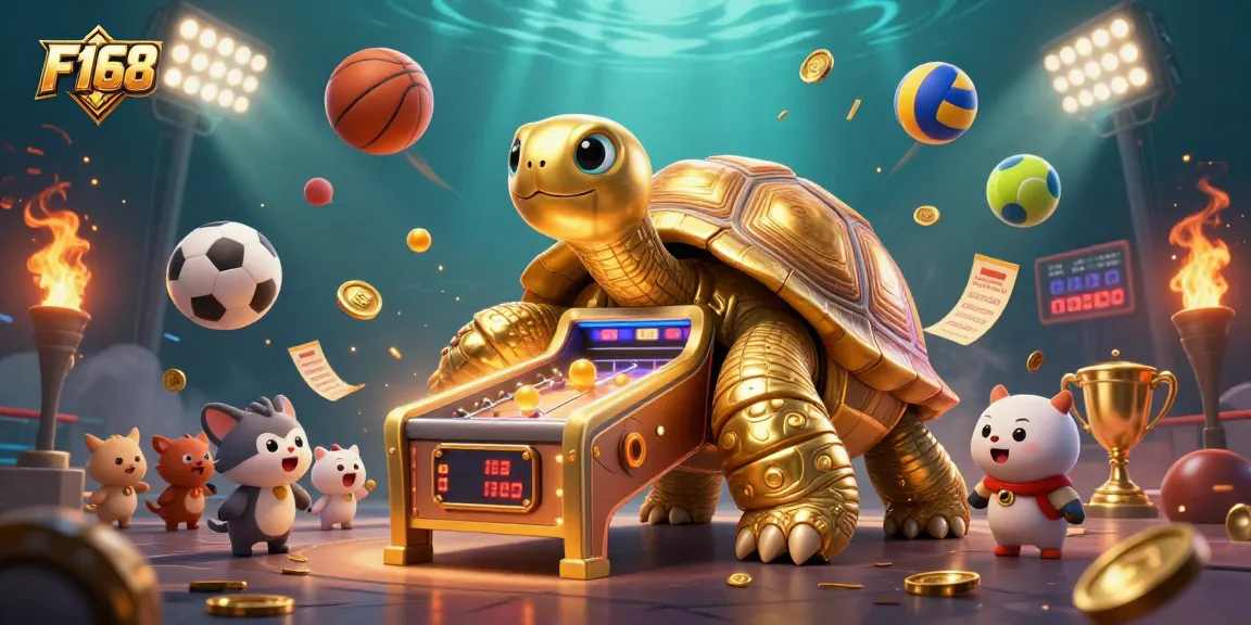 Engage with F168's thrilling gaming experience featuring a golden tortoise pinball machine in action.