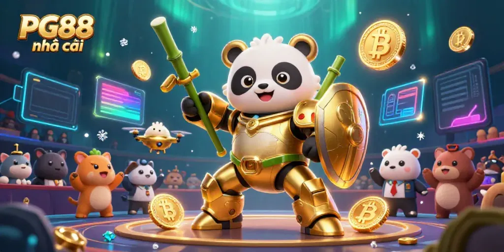 Engaging scene showing PG88 nhà cái in action, with a mech-panda and dynamic gambling elements.