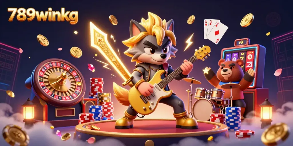 Experience the thrill of 789winkg with a lively casino scene featuring a rock star wolf and drummer bear.