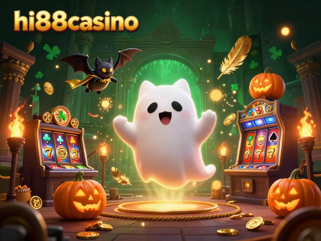 Experience slots excitement with hi88casino's friendly ghost cat and vampire bat in a haunted casino scene.