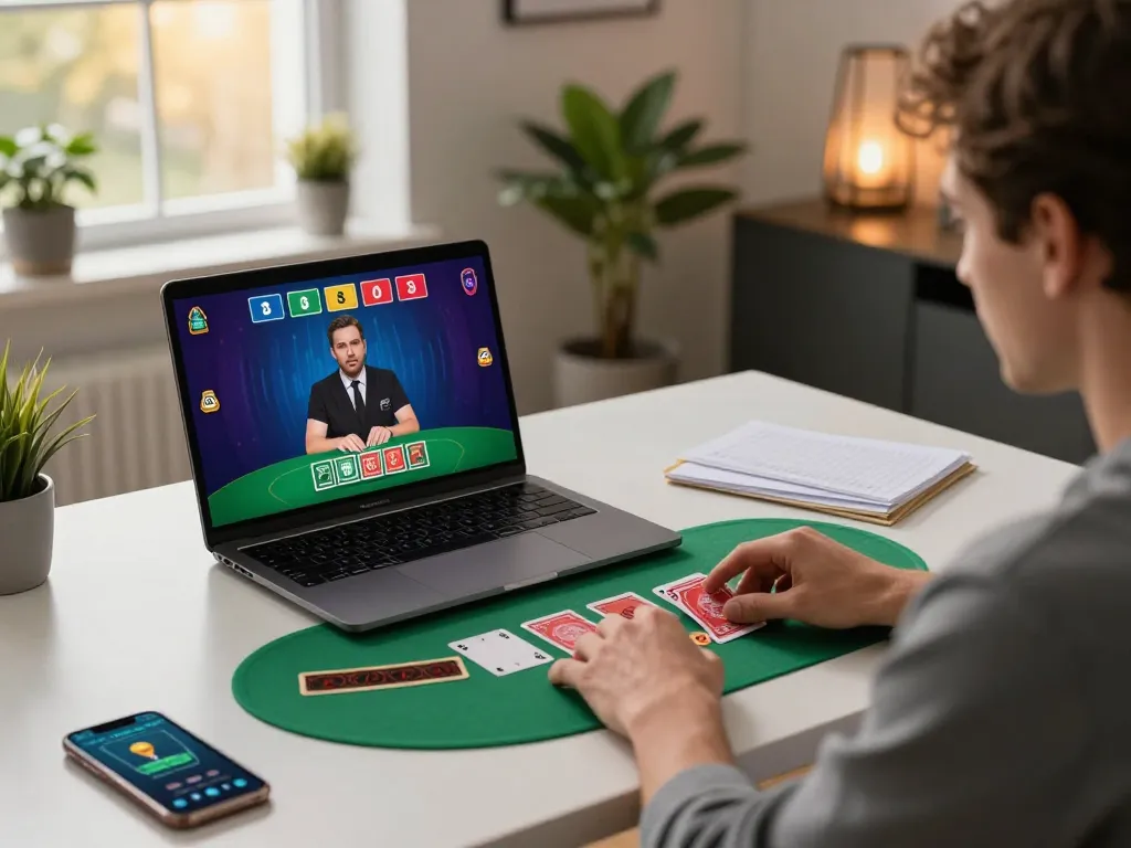88betcom player enjoying online blackjack game with laptop in inviting home office atmosphere