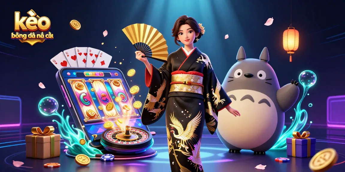 Enhance your betting strategy with kèo bóng đá nhà cái featuring an Asian woman in traditional kimono, surrounded by immersive gambling elements.