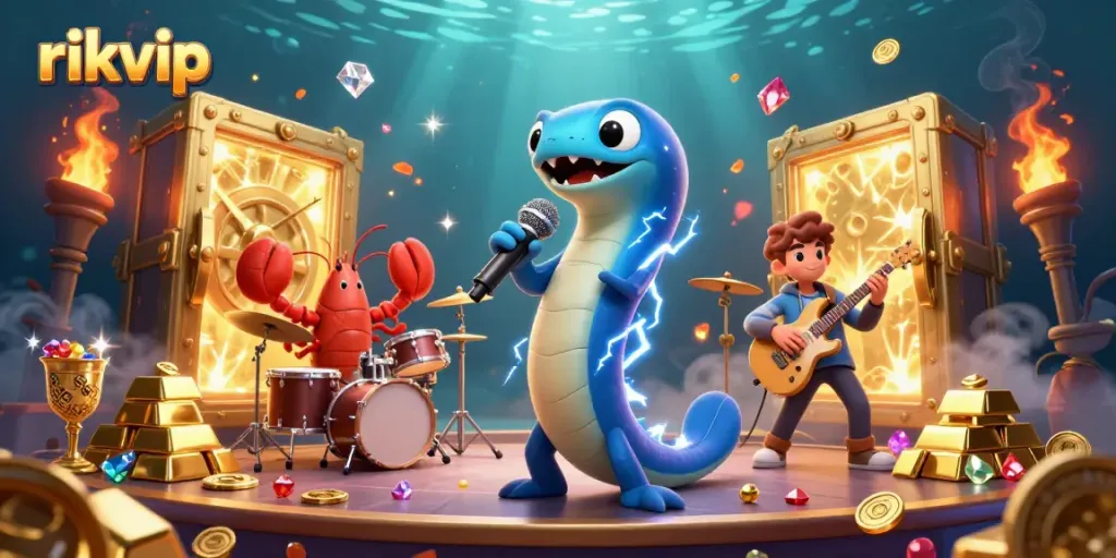 Experience the excitement of rikvip with vibrant underwater casino action featuring a DJ eel and backup band.
