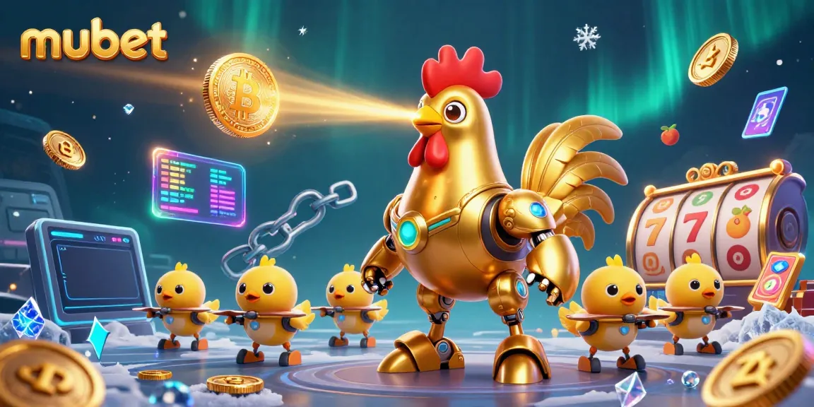 Engage with mubet in this vibrant casino scene featuring a golden rooster robot surrounded by dynamic slot elements.