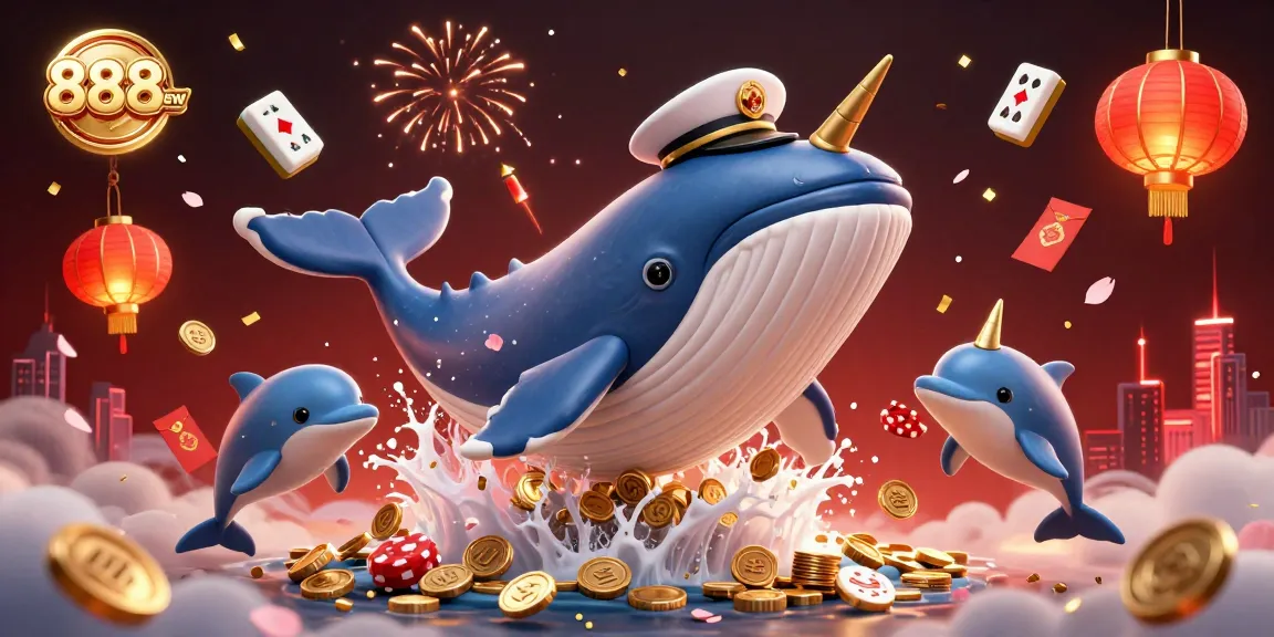 Engage with thrilling games at 888new featuring a whimsical scene of a whale, narwhal, and dolphins amongst coins and casino elements.