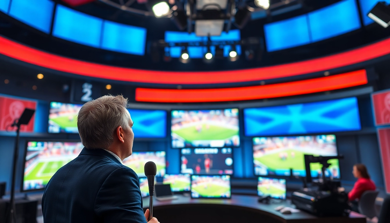 Engaged host in a vibrant sports broadcasting studio delivering live commentary.