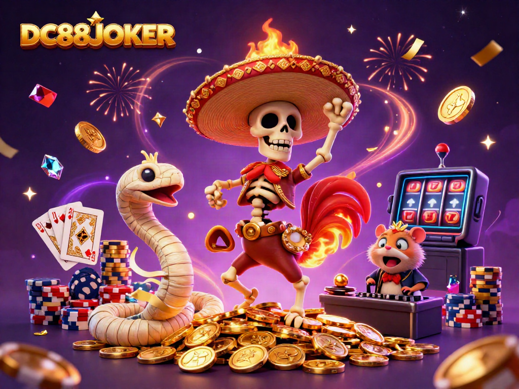 Experience the thrill of DC88JOKER with vibrant casino elements surrounding animated characters celebrating amidst golden coins and gems.