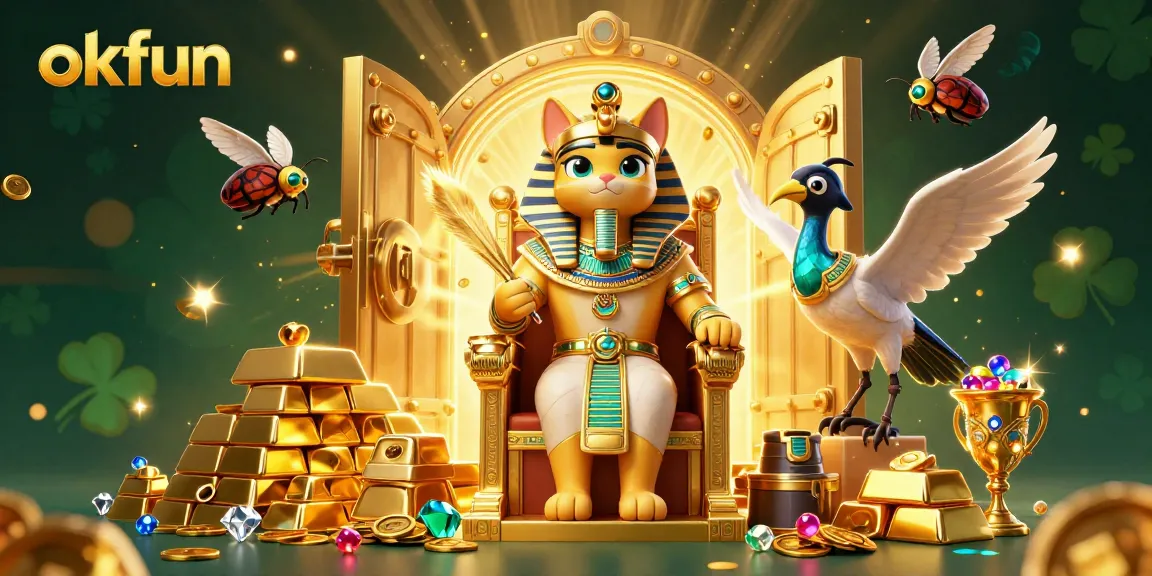 Experience thrilling jackpots at okfun with this dynamic 3D casino illustration filled with gold and treasures.