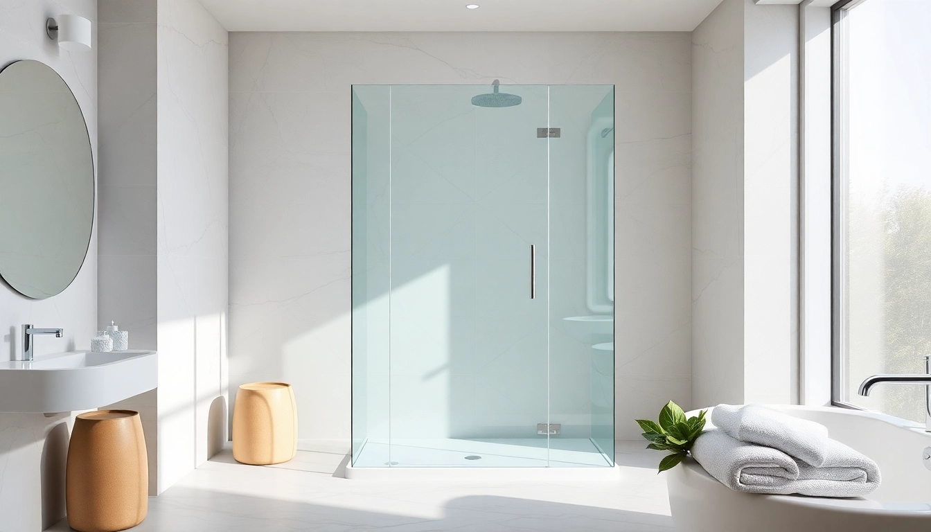 Show shower screens semi frameless in a modern bathroom setting with elegant decor and natural lighting.