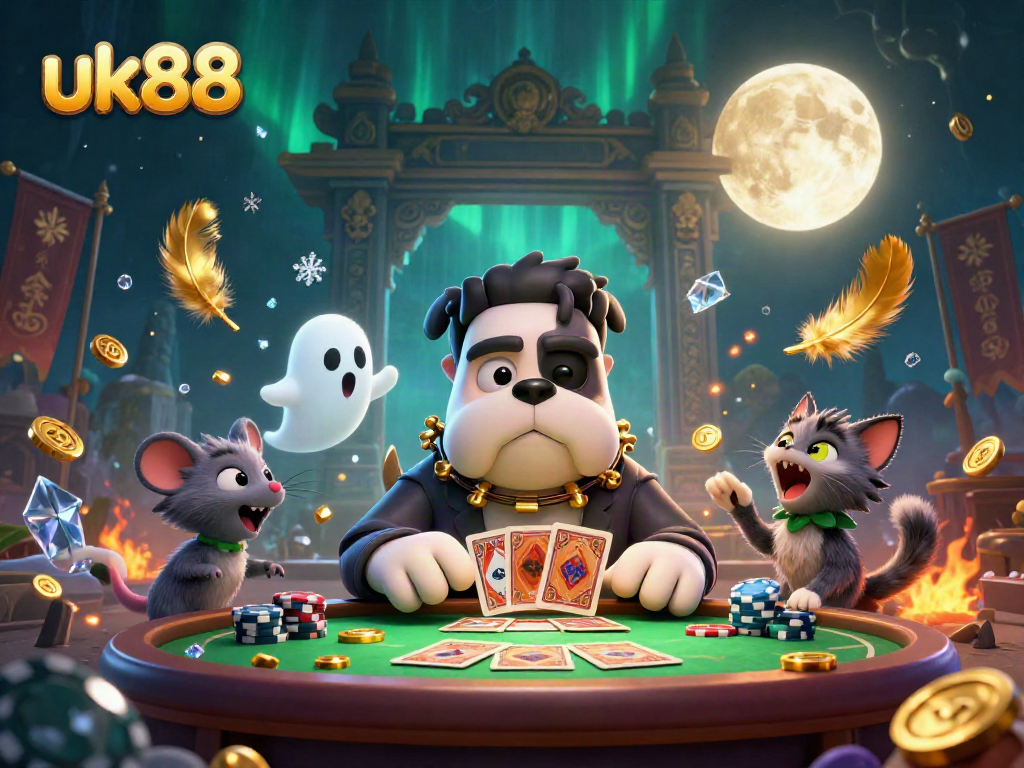 Experience thrilling gameplay at uk88 with a unique 3D casino scene featuring a Frankenstein bulldog dealer and ghostly elements.