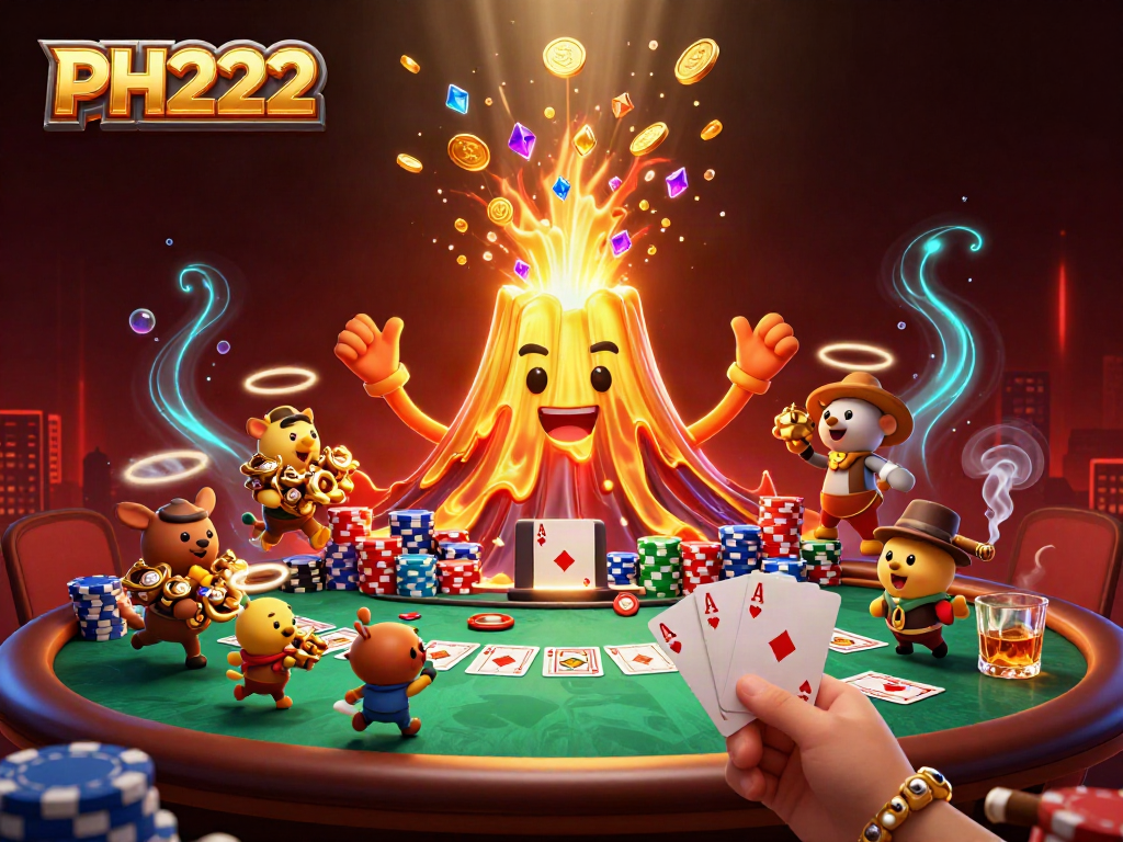 PH222 casino scene showcasing a triumphant golden volcano erupting coins and treasure with poker elements.