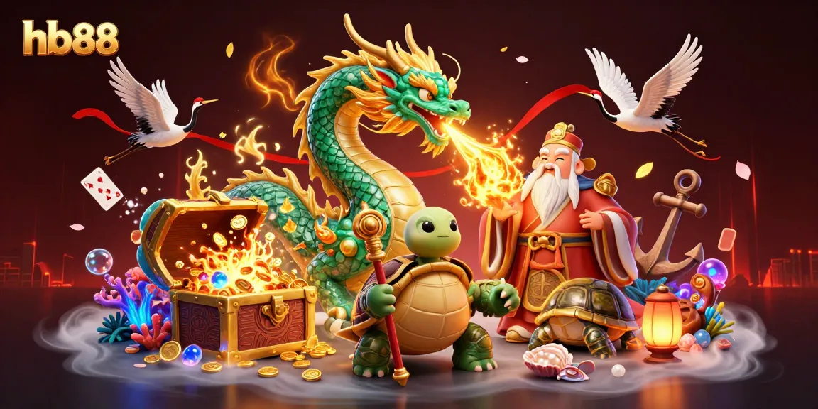 hb88 showcases a vibrant casino scene with dragon and turtle characters, symbolizing luck and fortune.
