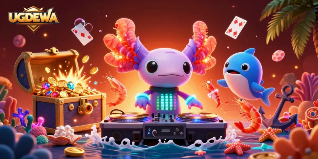 Engage in premium gaming with UGDEWA, featuring lively underwater casino elements and vibrant characters.