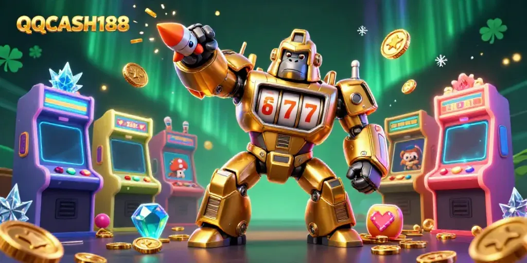 Experience thrilling gaming with QQCASH188's vibrant 3D arcade scene featuring a gorilla mech.