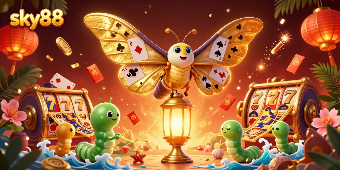 Experience sky88's vibrant slot gaming with golden moths and rich casino elements.
