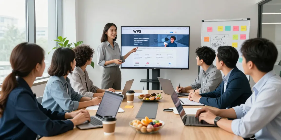 Team collaborating in a modern office, showcasing the WPS Official Website interface during a presentation.