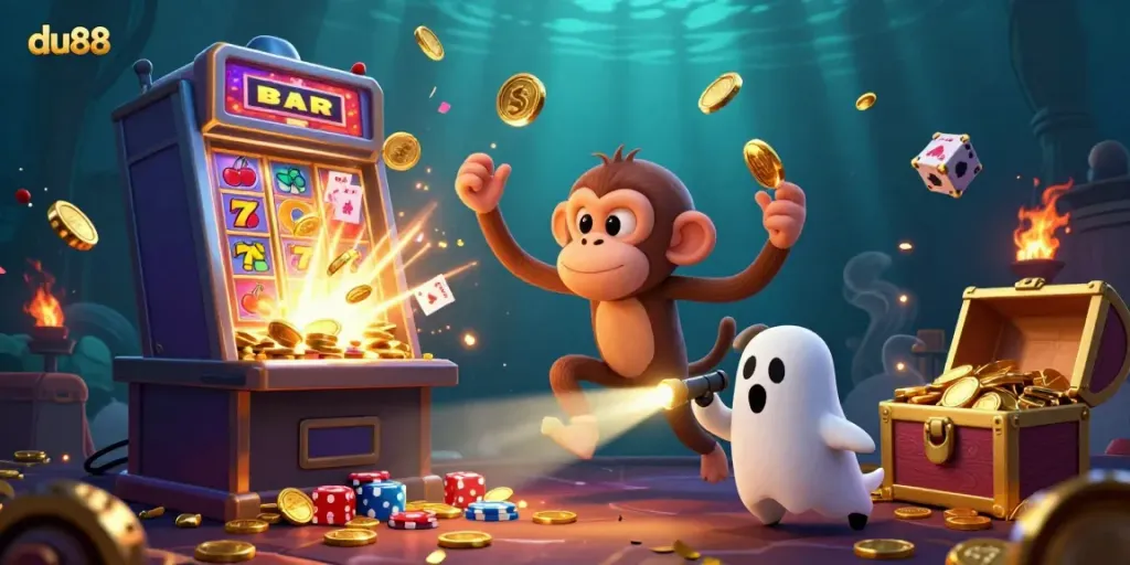 Experience the excitement of du88 with a playful poltergeist monkey and spooky casino elements.