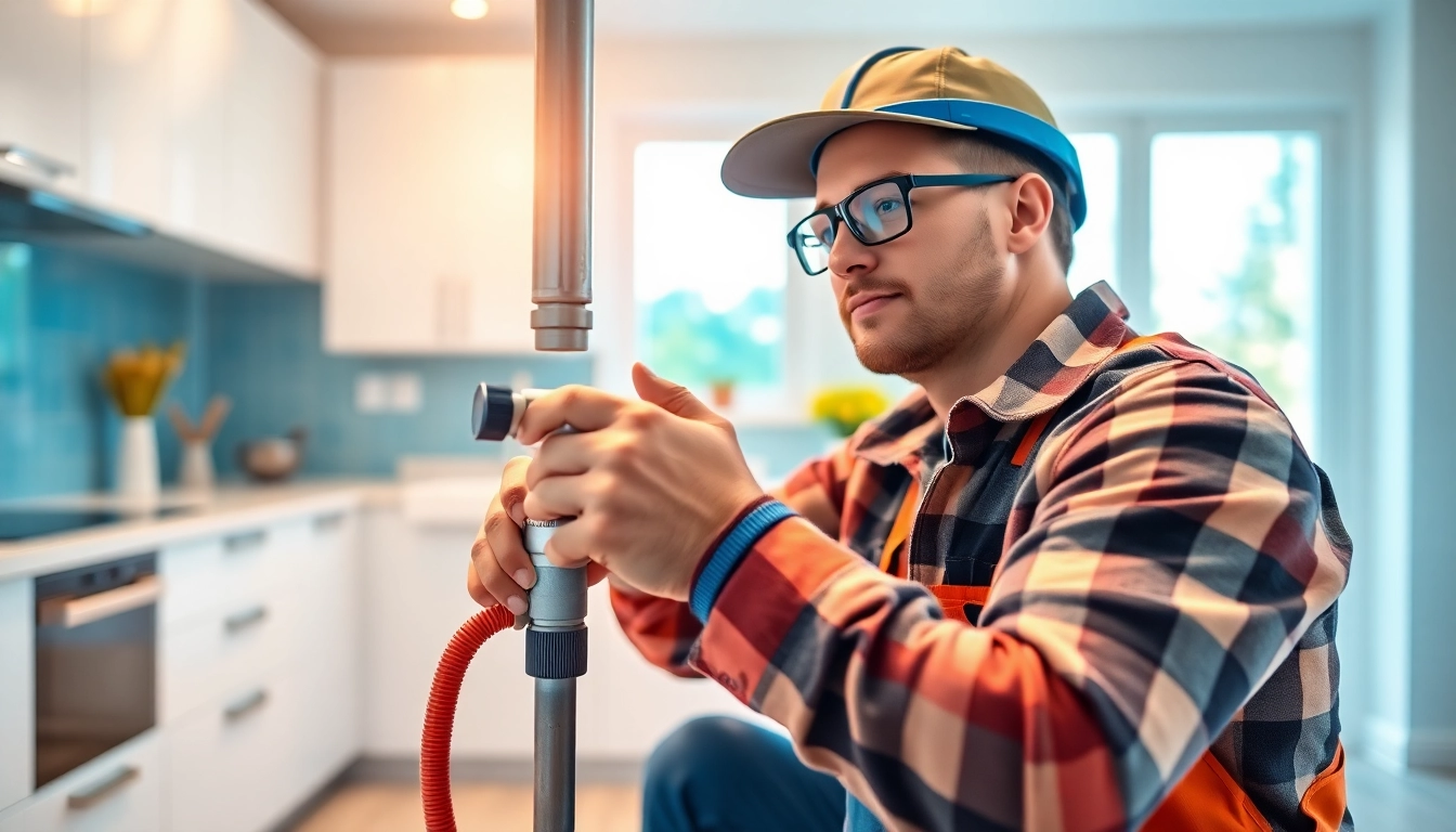 Find a skilled plumber near me fixing pipes in a modern home environment.
