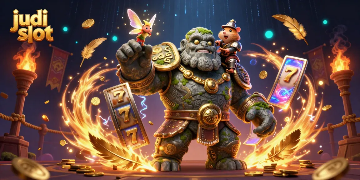 Engage with judi slot action through animated characters amidst swirling casino elements and exciting game motifs.