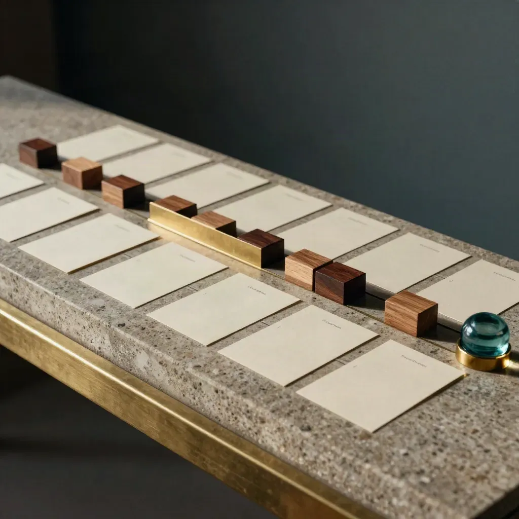 Blank cards, wood blocks, and brass divider on a limestone ledge form a staffing strategy map.