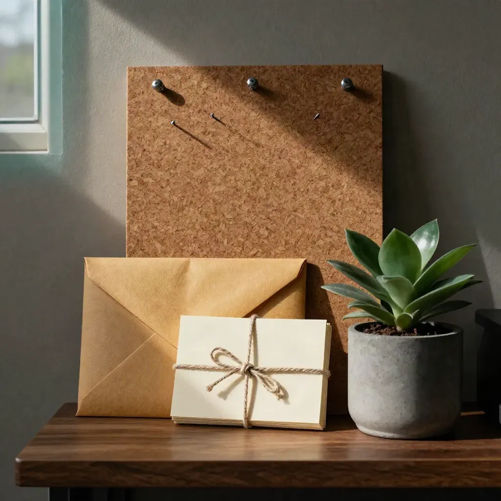 Engagement materials on a walnut shelf: envelopes, cards, cork board, tacks and a small plant.