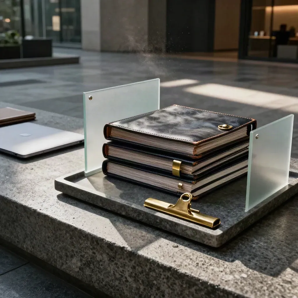 Rainlit HR consulting set with leather folios, frosted dividers, brass clips and a matte laptop shell.
