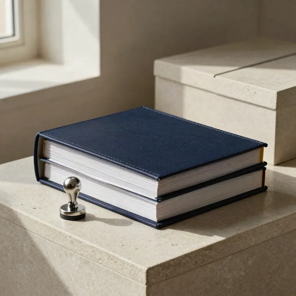 Close HR audit still life with binders, metal stamp, and stone file boxes in warm window light.