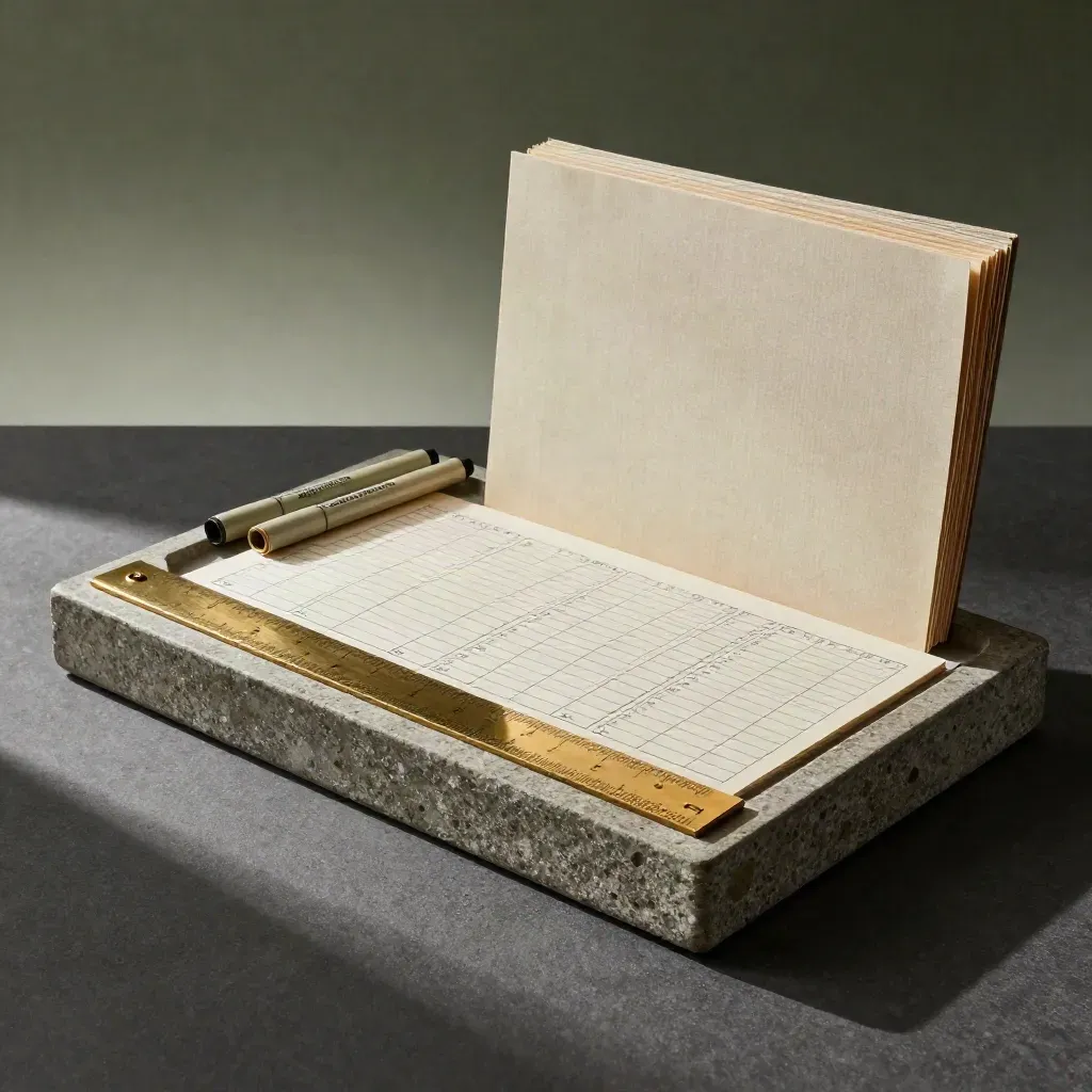 Stone tray of blank score cards, brass square, ceramic markers, and folders in dramatic low light.