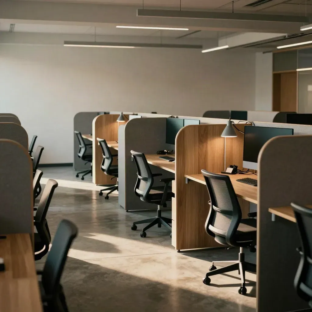Empty tech office pods glowing softly, with tidy chairs and teal accents in warm late-afternoon light.