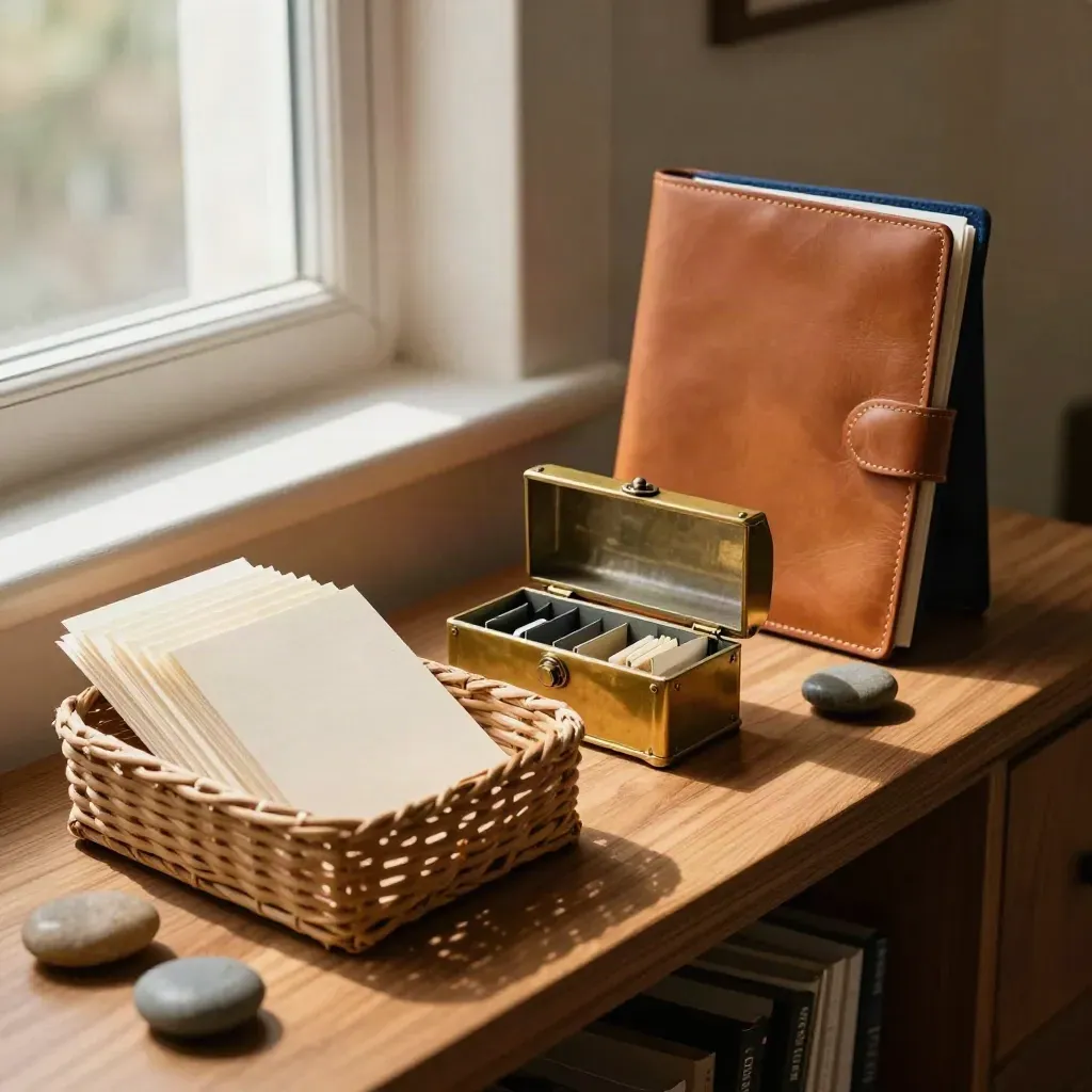 Retention toolkit still life with basket, brass lockbox, leather folio and river stones on oak.