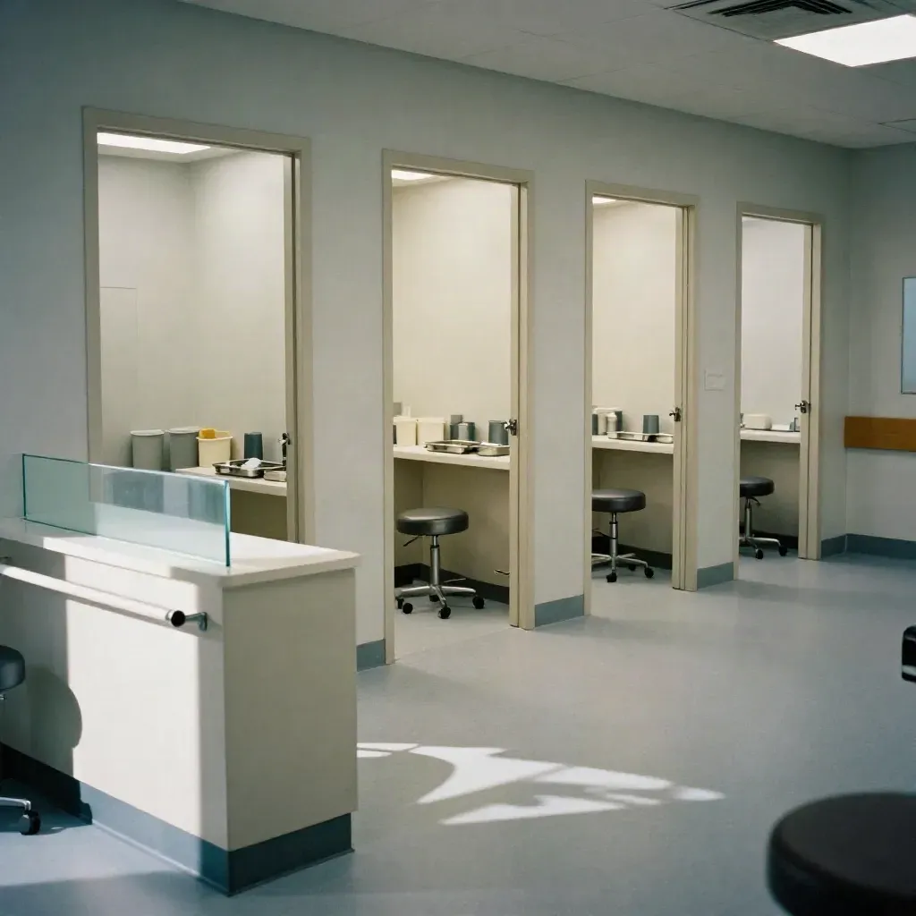 Empty clinic intake with six ready exam rooms, stools, trays, and supply bins