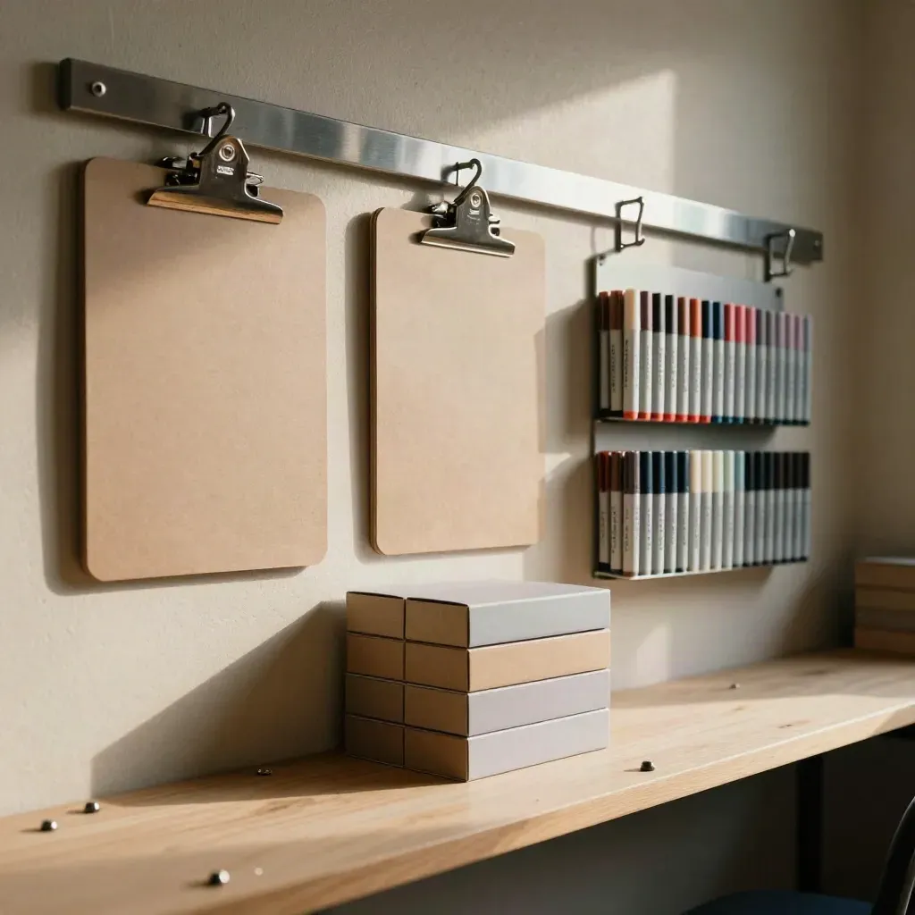 Orderly scorecard boxes, turned clipboards, and markers in a workshop admin nook with crisp daylight.