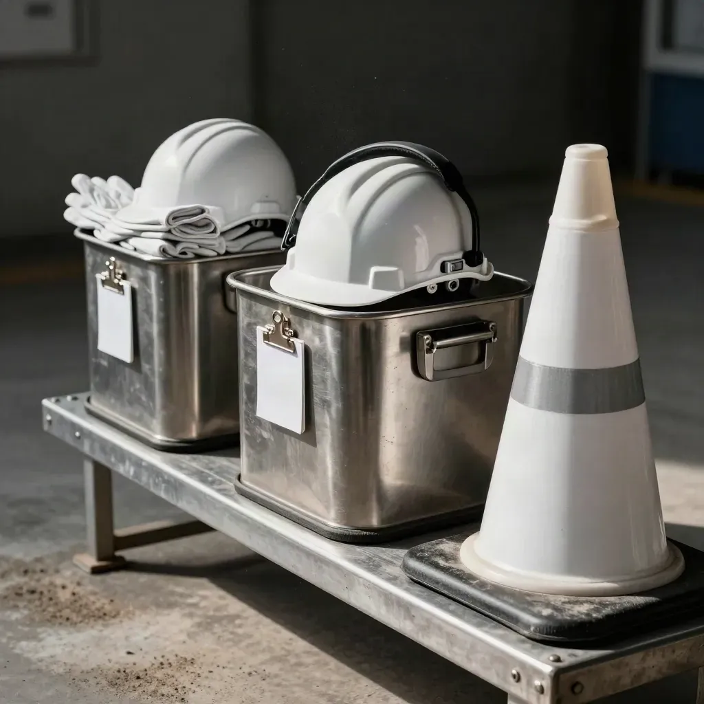 Macro of PPE bins, safety cone, blank check tags, and a closed training kit on a steel bench.