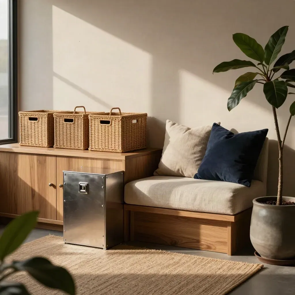 Quiet office nook with boxes, locked caddy, cushion seat and plant in warm light