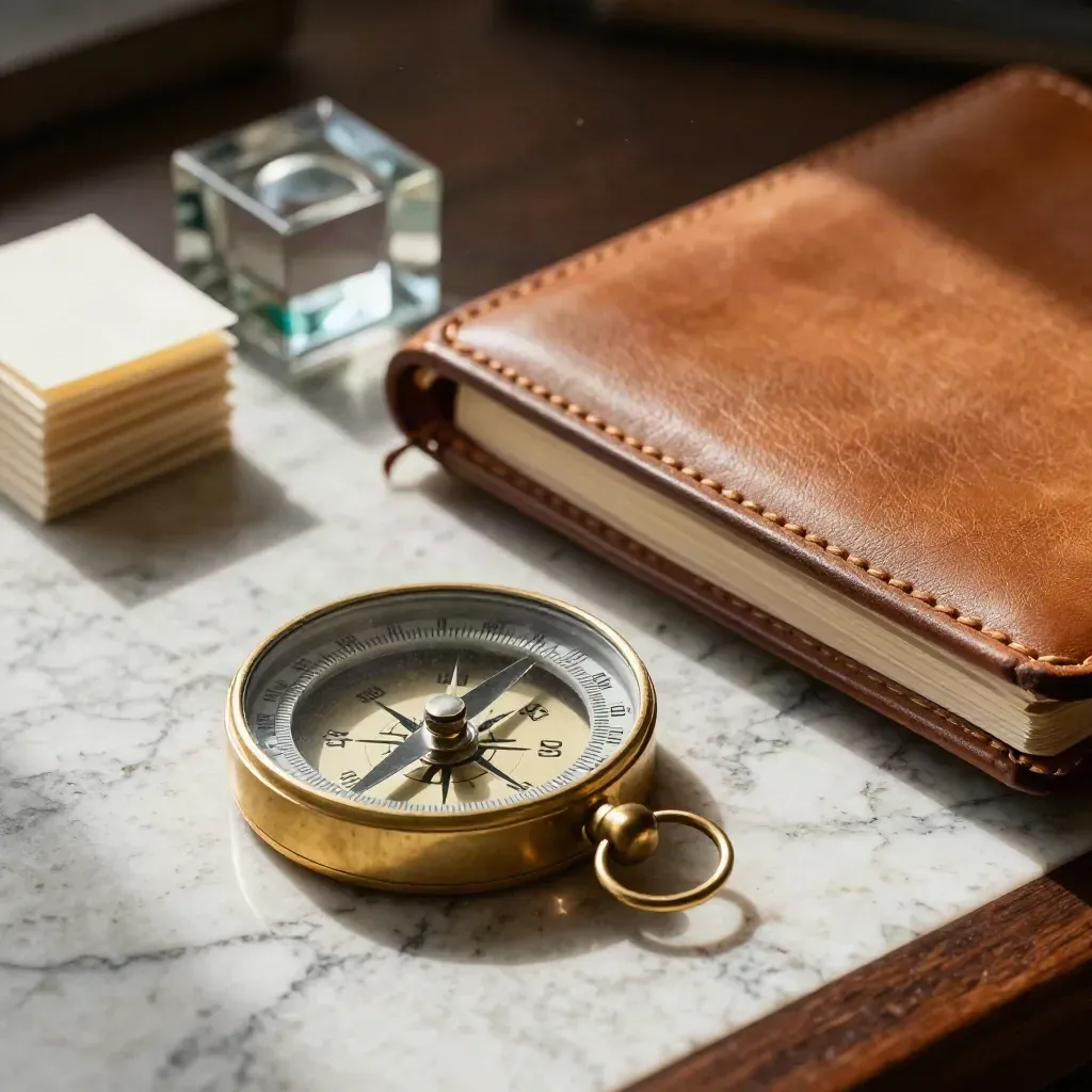 Brass compass, leather notebook, tabs and paperweight on travertine in macro office still life
